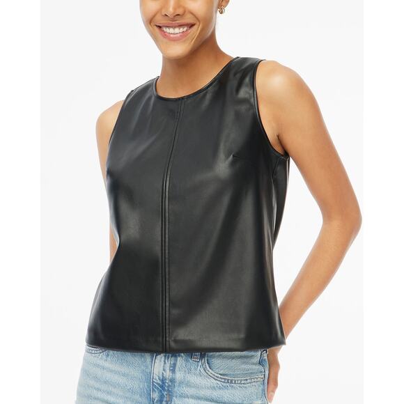 J. Crew XS Black Faux Leather Full Zip Lined Sleeveless Round Neckline Tank Top - Picture 1 of 12